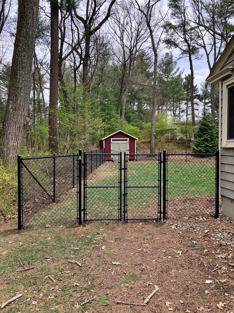 Black chain link fence and gate in a backyard