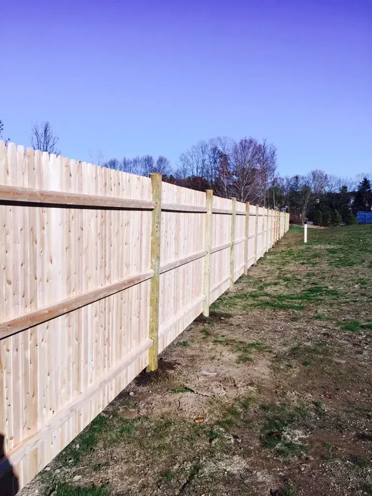 Cedar board privacy fence along a property line